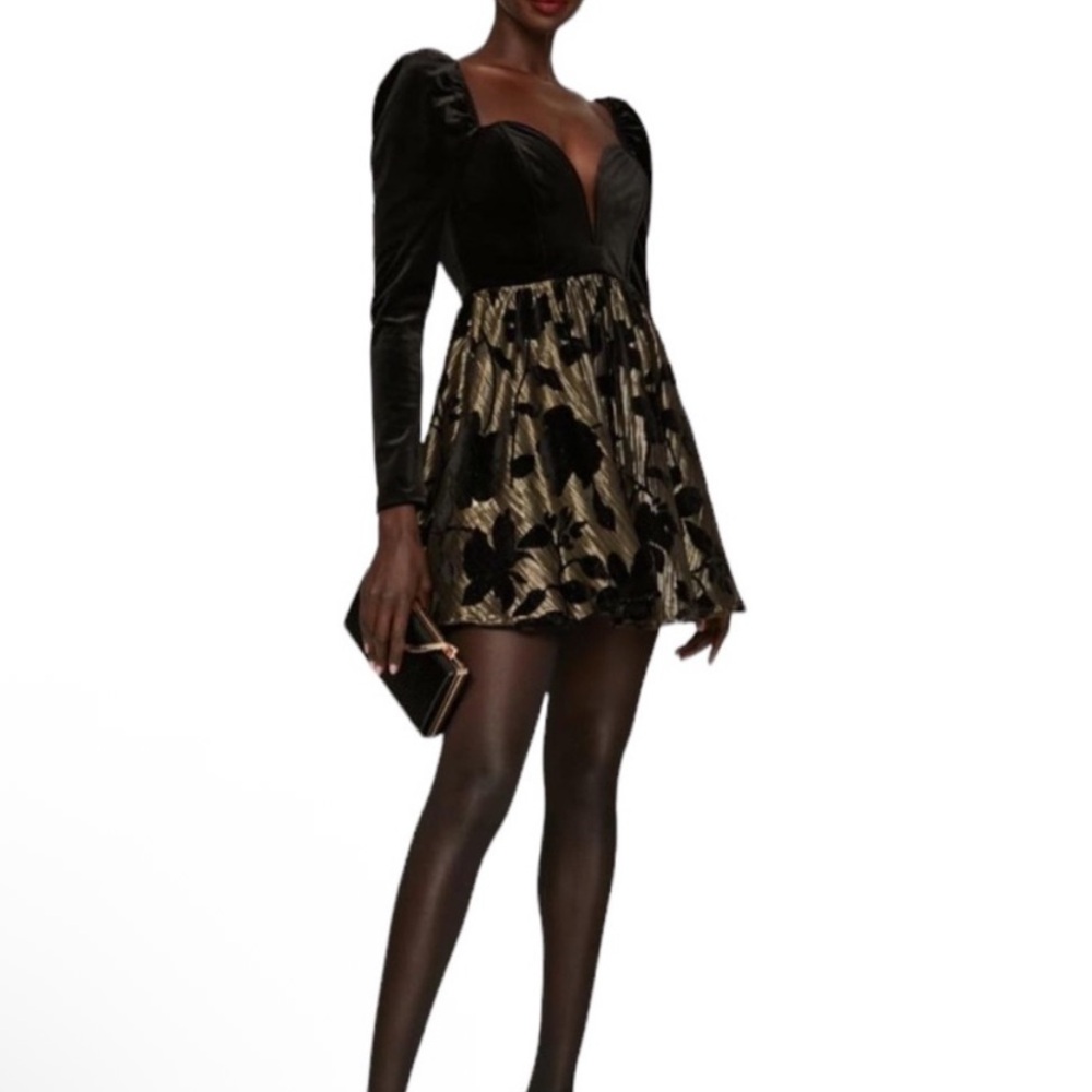 Ashley Park x RTW black and gold mini dress